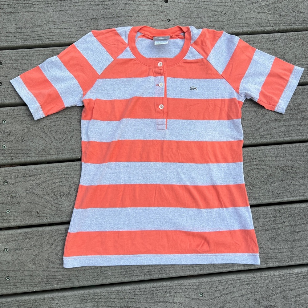 Lacoste: Vintage Striped Orange and Silver Polo. Women’s Size 36 (Small).
